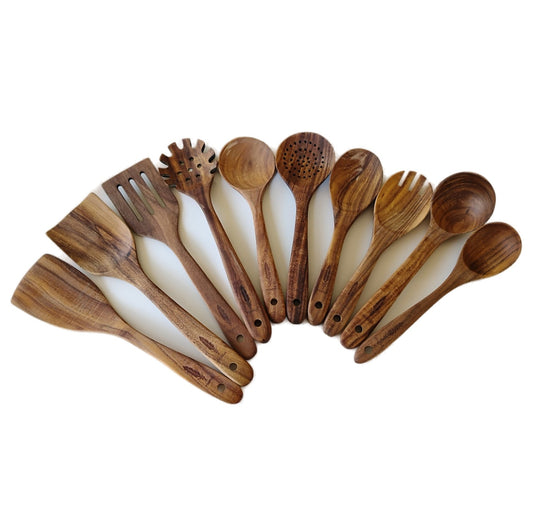 Raw Unfinished Montuk 10-Piece Teak Wood Cooking Utensils Set – Natural, Uncoated Kitchen Spoons