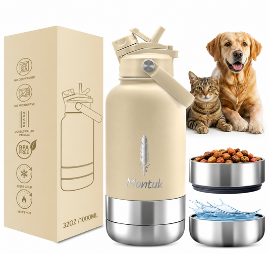 Montuk insulated dog water bottle in cream with its two detachable stainless steel bowls, packaging box, and a dog and cat