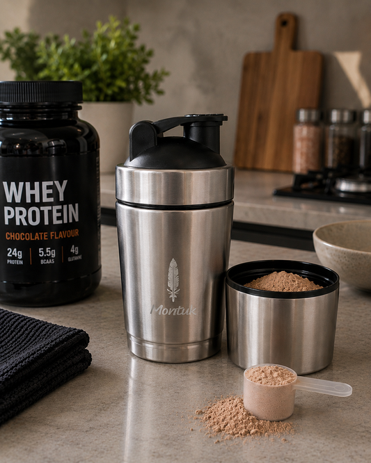 Stainless Montuk protein shaker on a kitchen bench beside a tub of chocolate whey protein, with its storage compartment full of powder and a scoop alongside