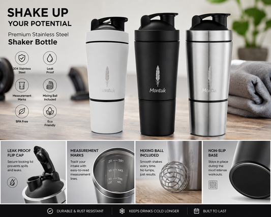 Montuk stainless steel protein shaker in white, black and stainless, with feature callouts: 304 stainless steel, leak proof, measurement marks, mixing ball included, BPA free