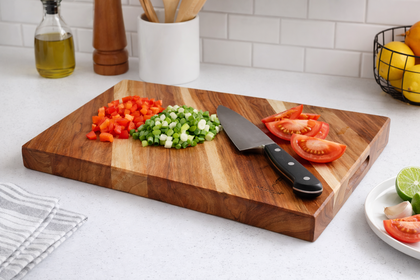 Acacia Wood Cutting Board, Japanese Style Butcher Block with Handles
