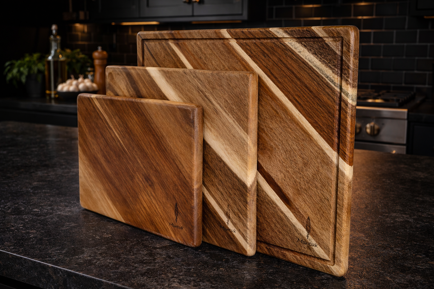 Acacia Wood Cutting Board Set, Japanese Style, Reversible with Juice Groove