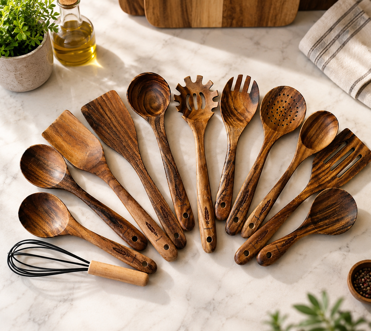 Raw Unfinished Montuk 12-Piece Teak Wood Cooking Utensils Set – Natural, Uncoated Kitchen Spoons
