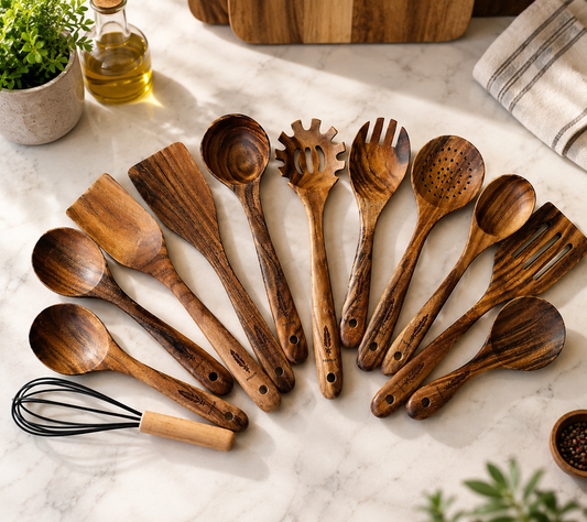 Raw Unfinished Montuk 12-Piece Teak Wood Cooking Utensils Set – Natural, Uncoated Kitchen Spoons