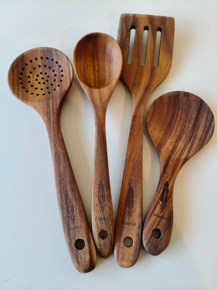Raw Unfinished Montuk 12-Piece Teak Wood Cooking Utensils Set – Natural, Uncoated Kitchen Spoons