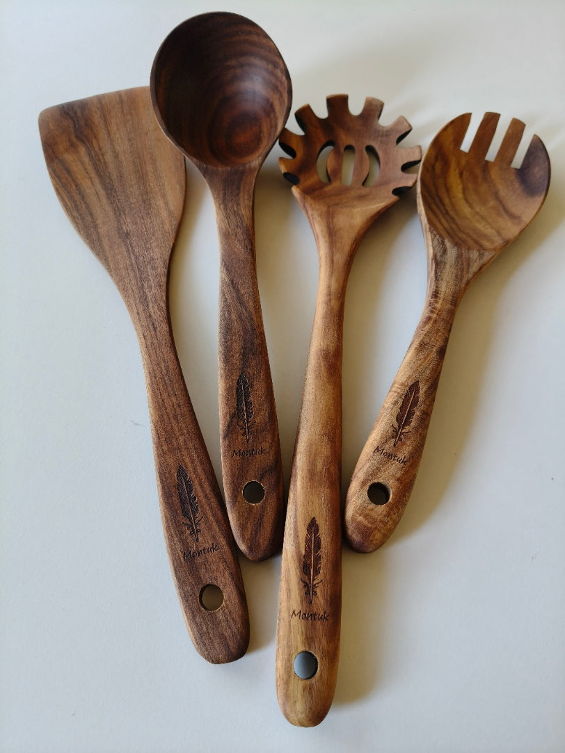 Raw Unfinished Montuk 12-Piece Teak Wood Cooking Utensils Set – Natural, Uncoated Kitchen Spoons