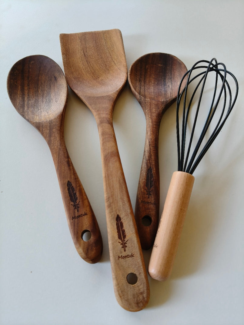 Raw Unfinished Montuk 12-Piece Teak Wood Cooking Utensils Set – Natural, Uncoated Kitchen Spoons