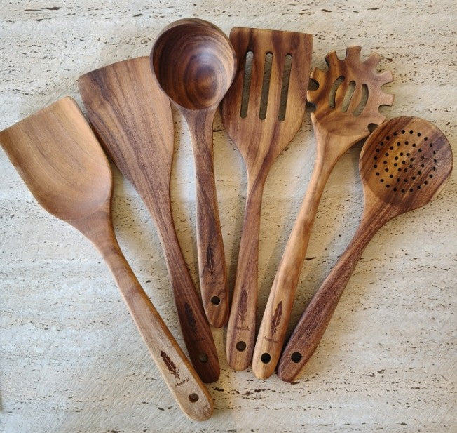 Raw Unfinished Montuk 12-Piece Teak Wood Cooking Utensils Set – Natural, Uncoated Kitchen Spoons