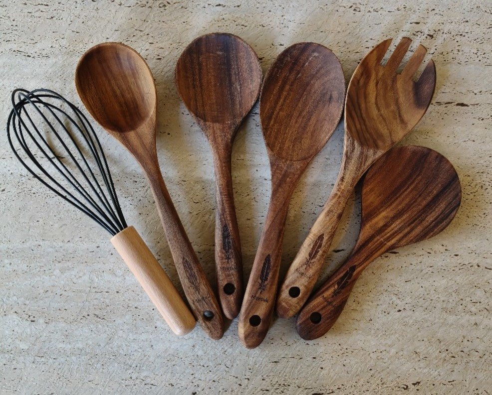 Raw Unfinished Montuk 12-Piece Teak Wood Cooking Utensils Set – Natural, Uncoated Kitchen Spoons