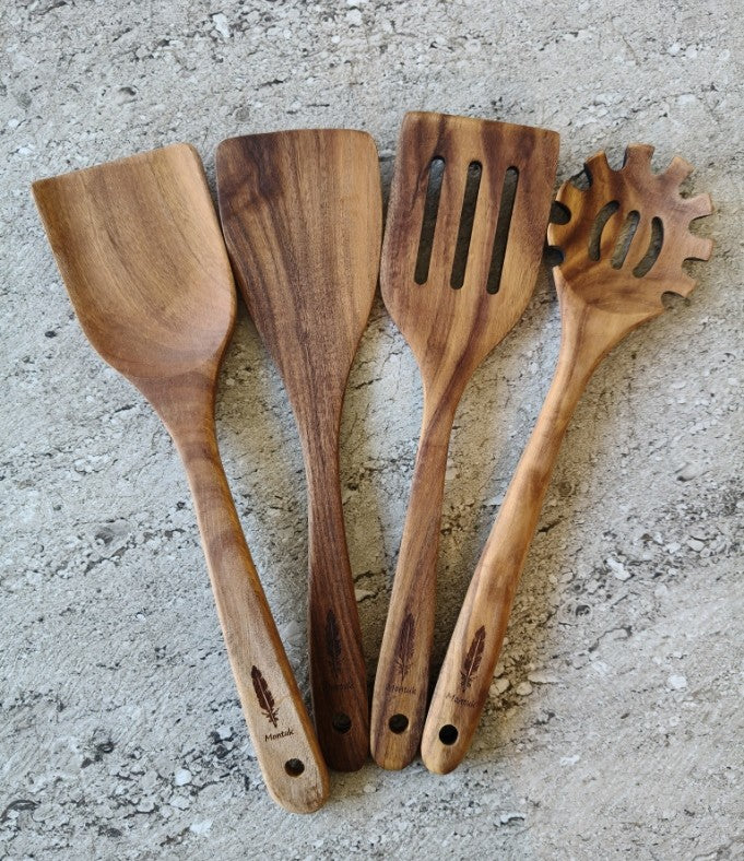 Raw Unfinished Montuk 12-Piece Teak Wood Cooking Utensils Set – Natural, Uncoated Kitchen Spoons