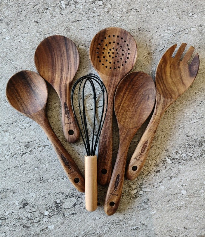 Raw Unfinished Montuk 12-Piece Teak Wood Cooking Utensils Set – Natural, Uncoated Kitchen Spoons