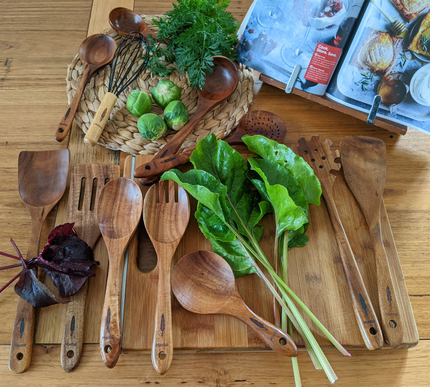 Montuk 12 Pcs Natural Teak Wood Cooking Utensils Set for Kitchen, Spoon Set.