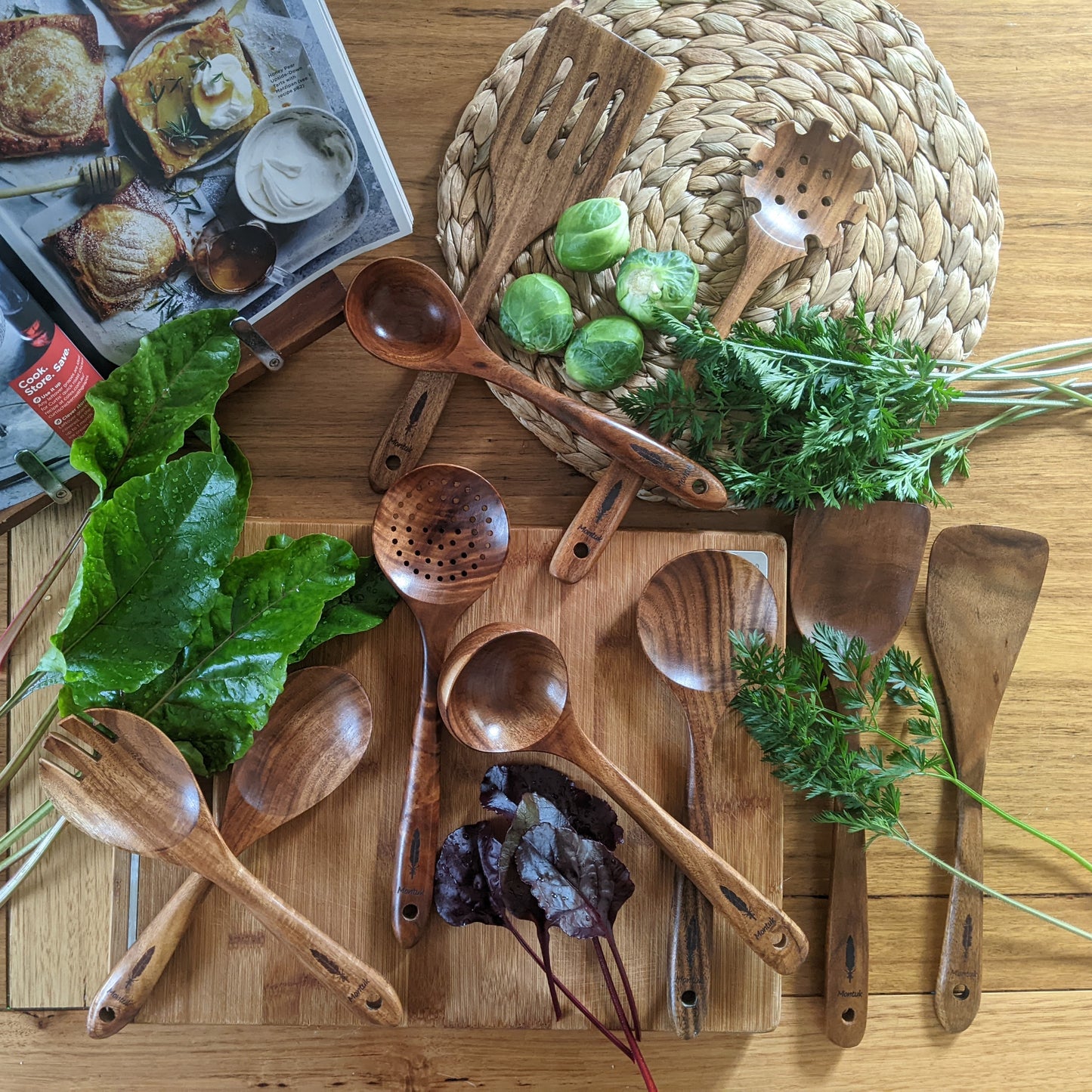 Montuk 10 Pcs Natural Teak Wood Cooking Utensils Set for Kitchen, Spoon Set.