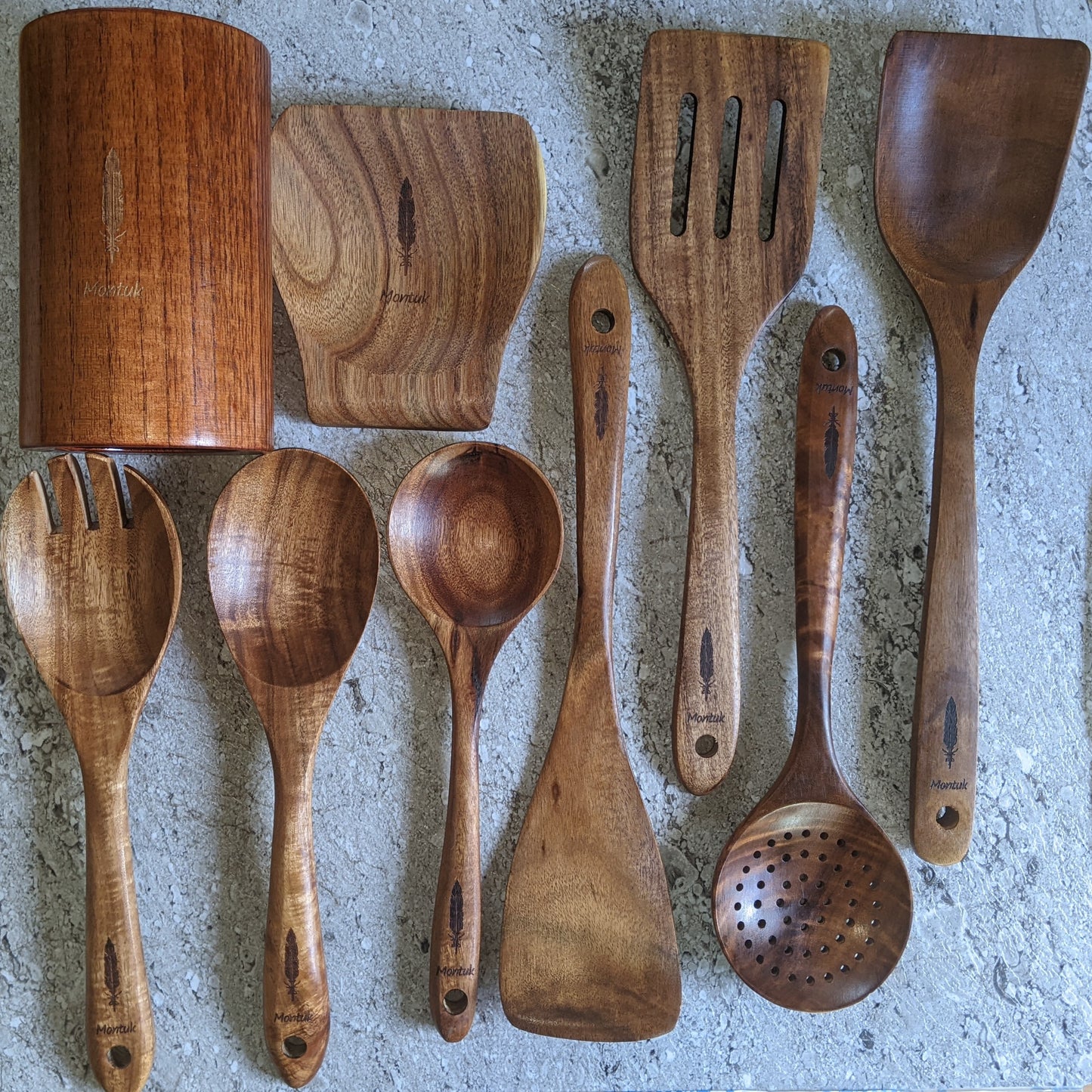 Montuk 9 Pcs Natural Teak Wood Cooking Utensils Set for Kitchen, Spoon Set.
