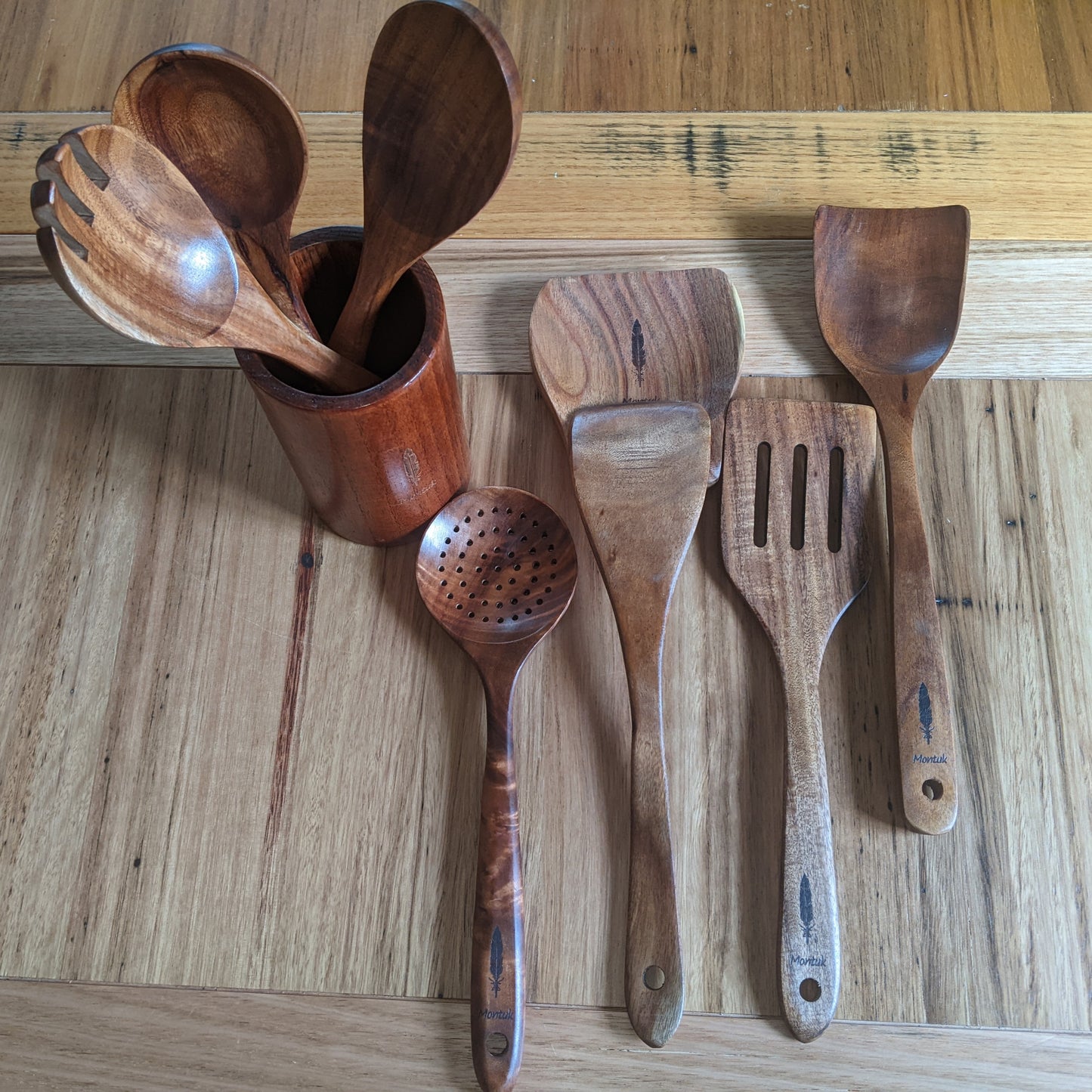 Montuk 9 Pcs Natural Teak Wood Cooking Utensils Set for Kitchen, Spoon Set.