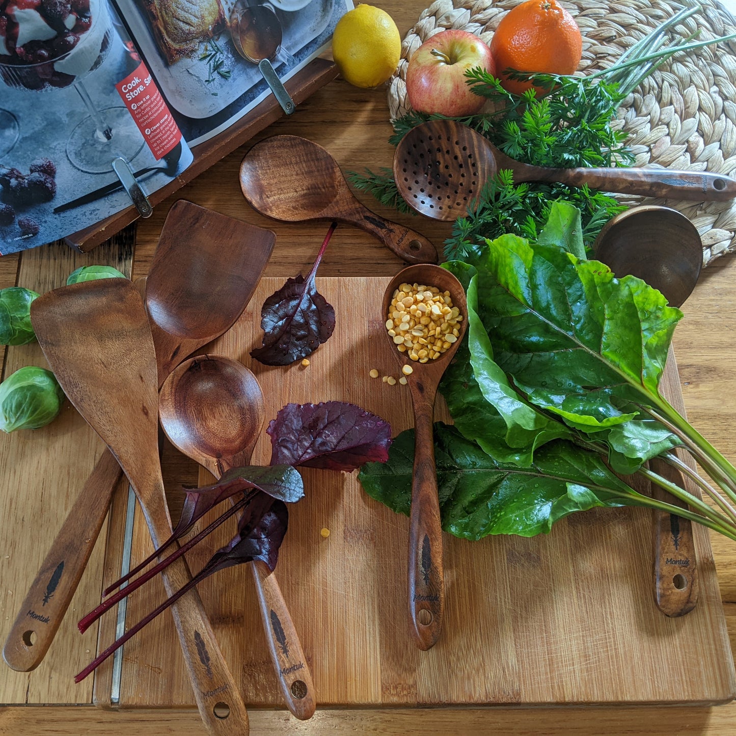 Montuk 7 Pcs Natural Teak Wood Cooking Utensils Set for Kitchen, Spoon Set.