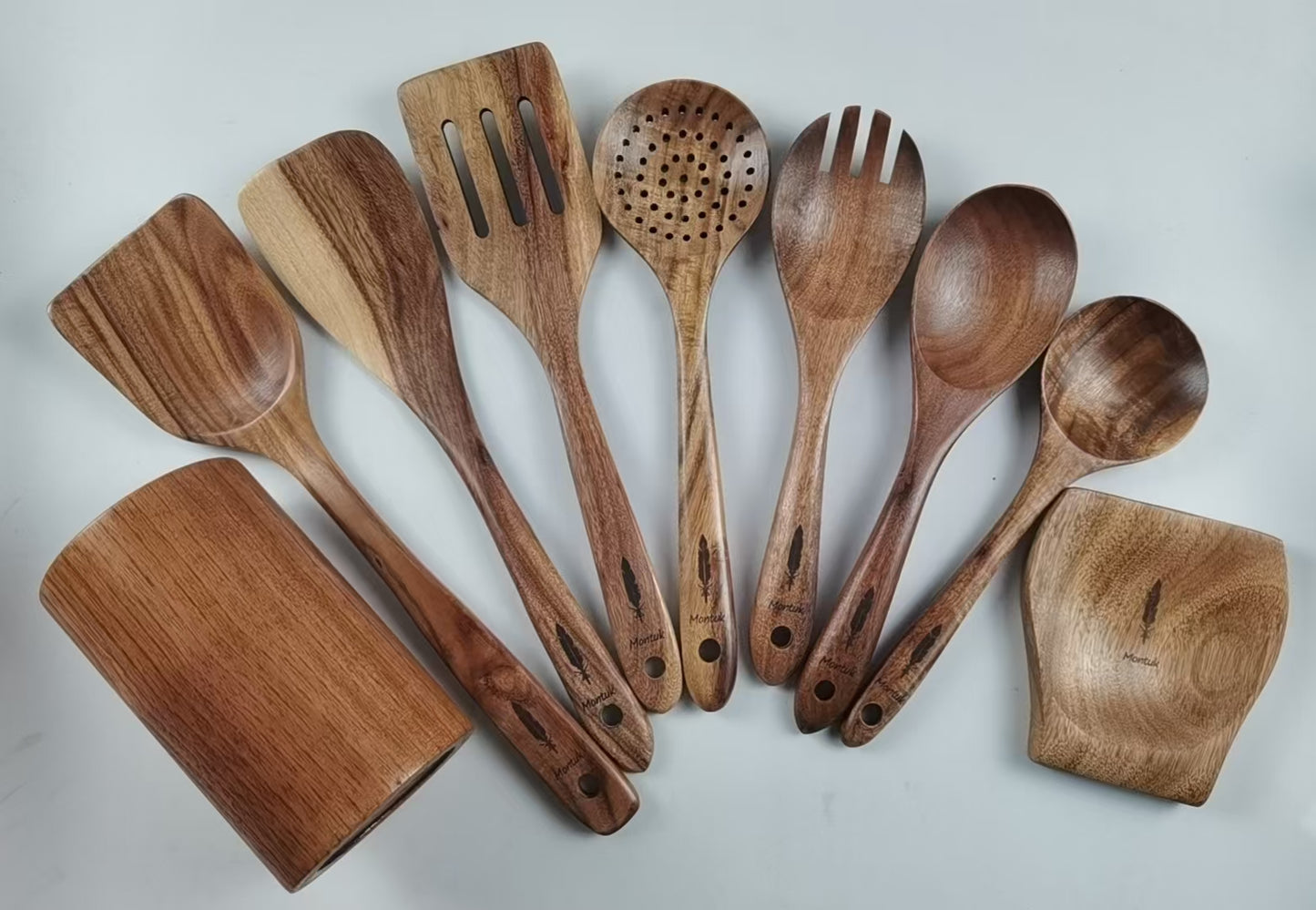Montuk 9 Pcs Natural Teak Wood Cooking Utensils Set for Kitchen, Spoon Set.