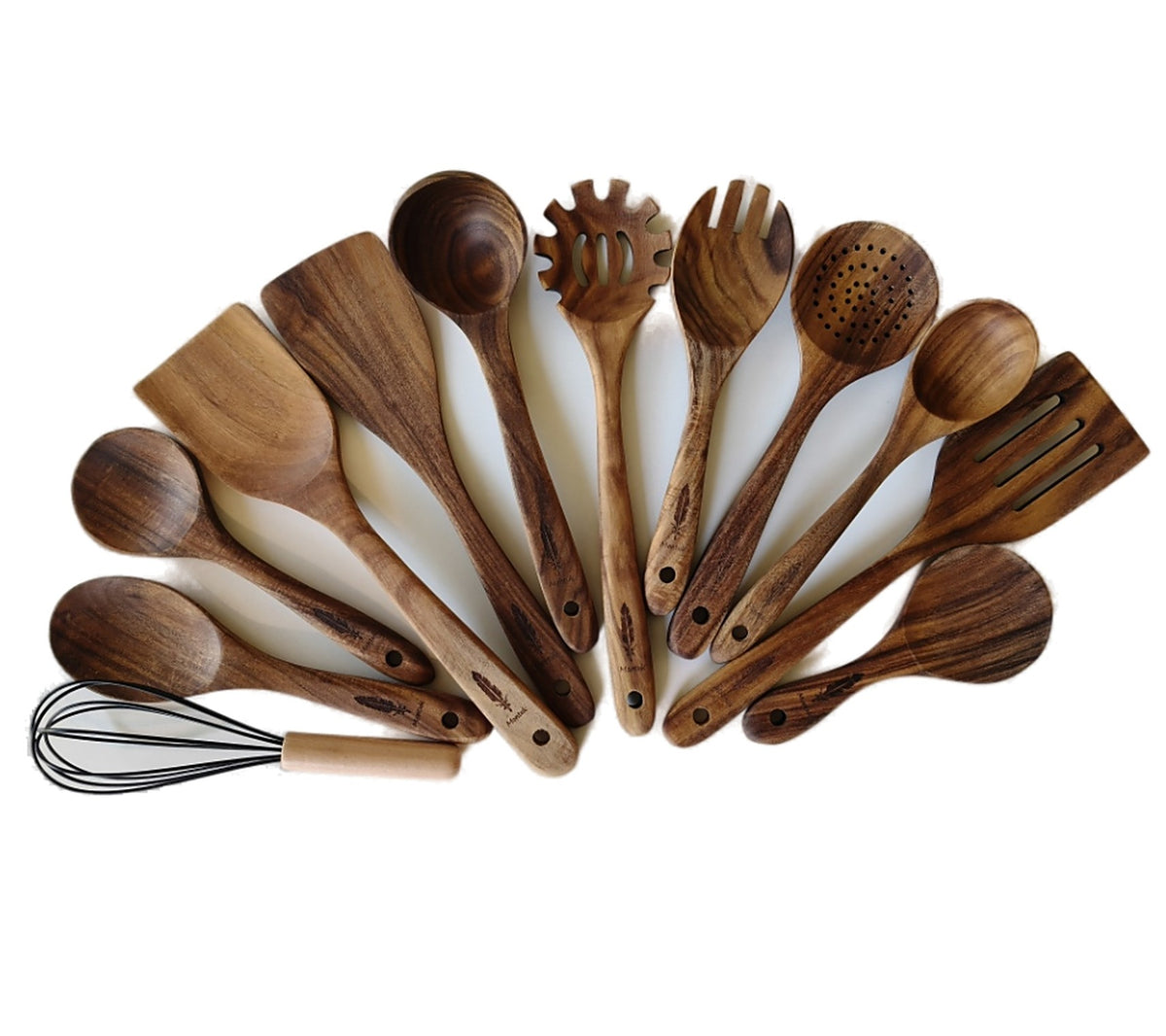 Raw Unfinished Montuk 12-Piece Teak Wood Cooking Utensils Set – Natural, Uncoated Kitchen Spoons