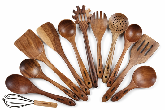 Montuk 12 Pcs Natural Teak Wood Cooking Utensils Set for Kitchen, Spoon Set.