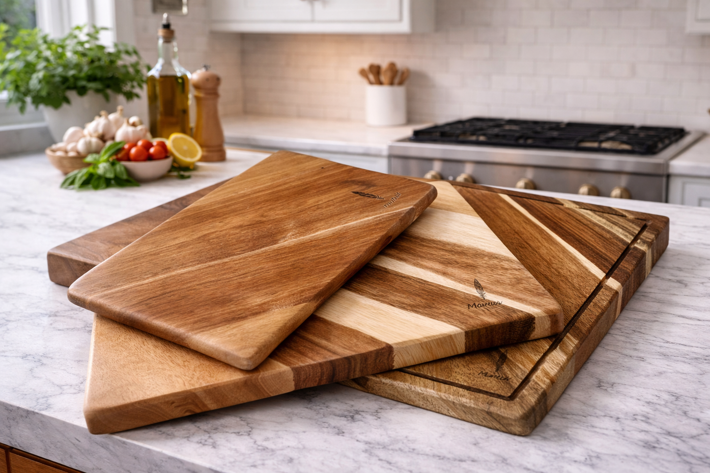 Acacia Wood Cutting Board Set, Japanese Style, Reversible with Juice Groove