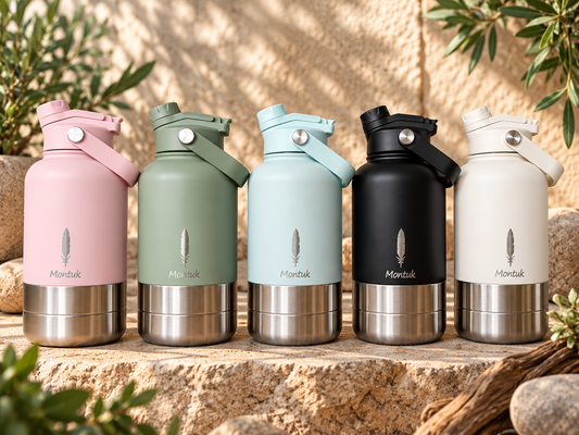 All five colours of the Montuk dog water bottle lined up on stone: pink, sage, mint, black and cream